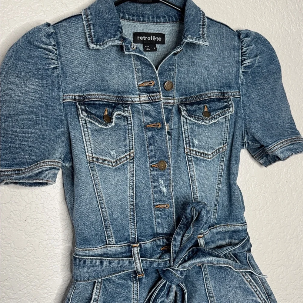 Retrofete Phoebe Romper Puff Sleeve Distressed Denim Streetwear Normcore Boho - Picture 5 of 8